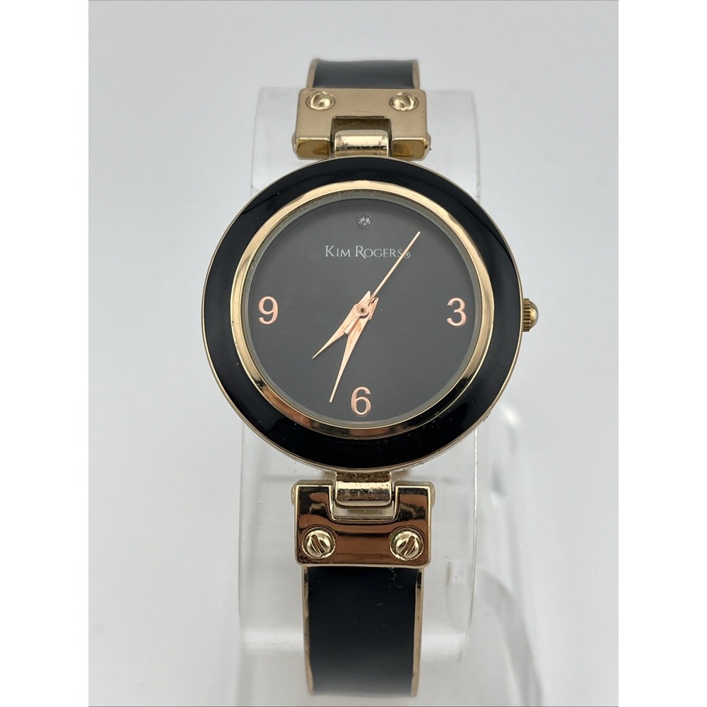 Kim Rogers Watch Women 33mm Gold Case‎ 7.75" Black & Gold Band- New Battery